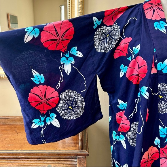 Japanese Floral Kimono Yukata Cotton Long Robe Navy Blue Red Morning Glory - Picture 6 of 11